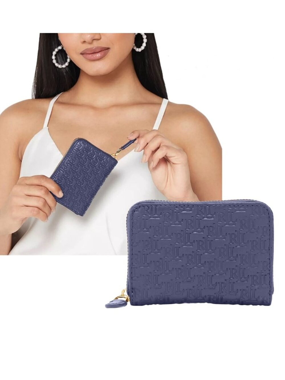 NWT Lauren Ralph Lauren Mini Debossed Leather Zip Around Wallet / Navy Blue